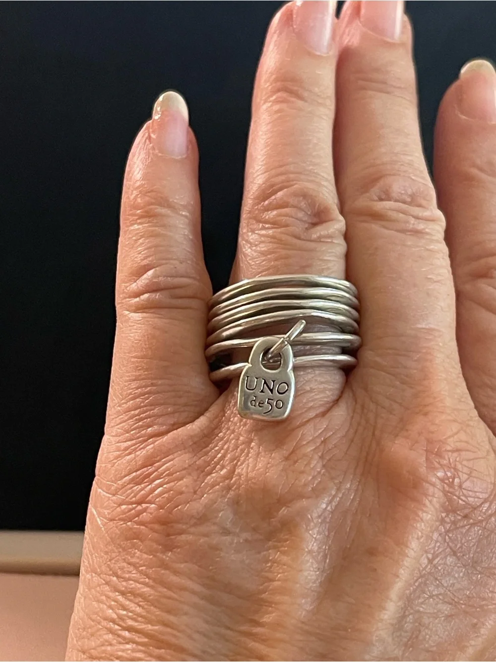UNO de 50 Silver “prisoner”Multi-Ring Statement with Charm with Gift Pouch